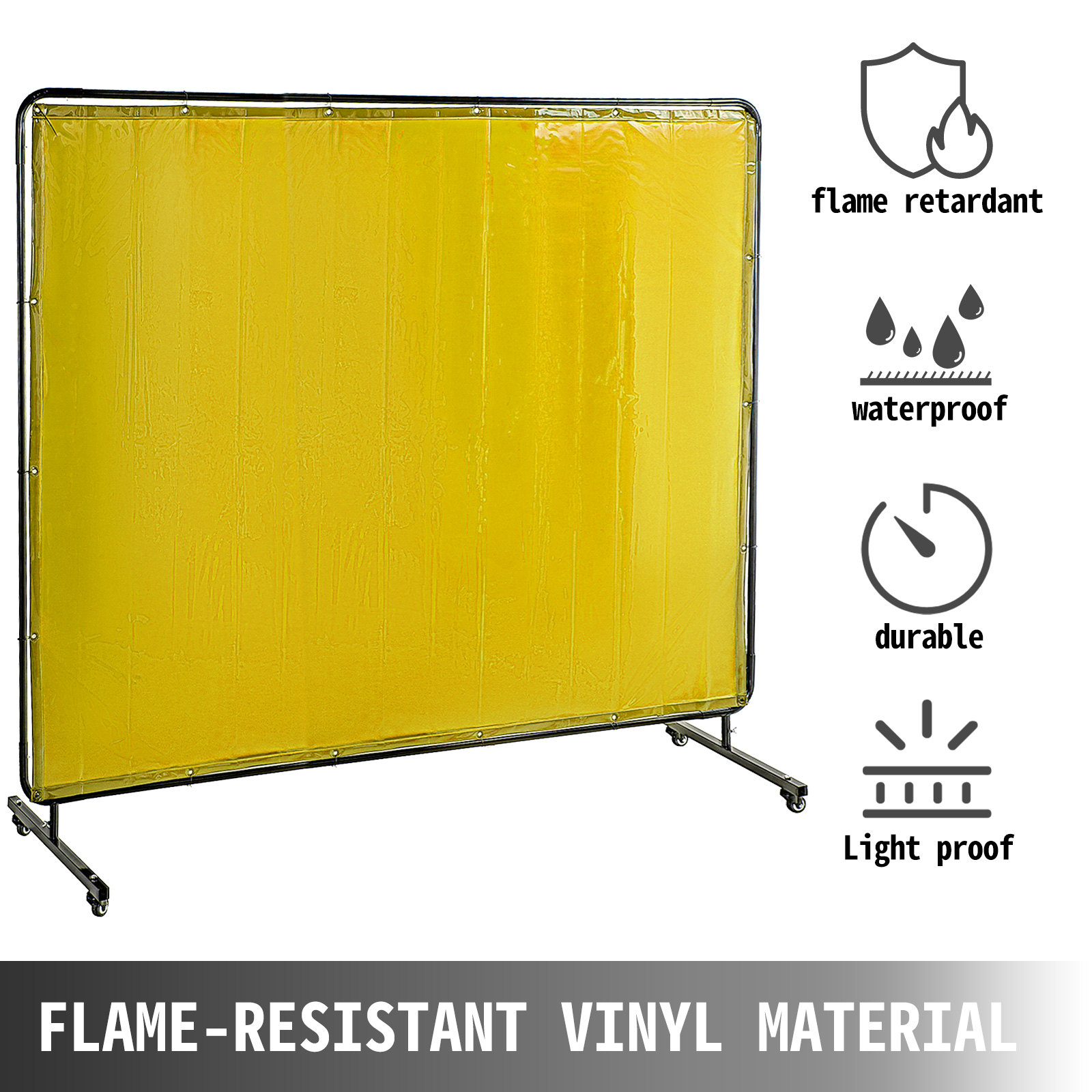 VEVOR Welding Screen with Frame 8' x 6', Welding Curtain with 4 Wheels, Welding Protection Screen Yellow Flame-Resistant Vinyl, Portable Light-Proof Professional