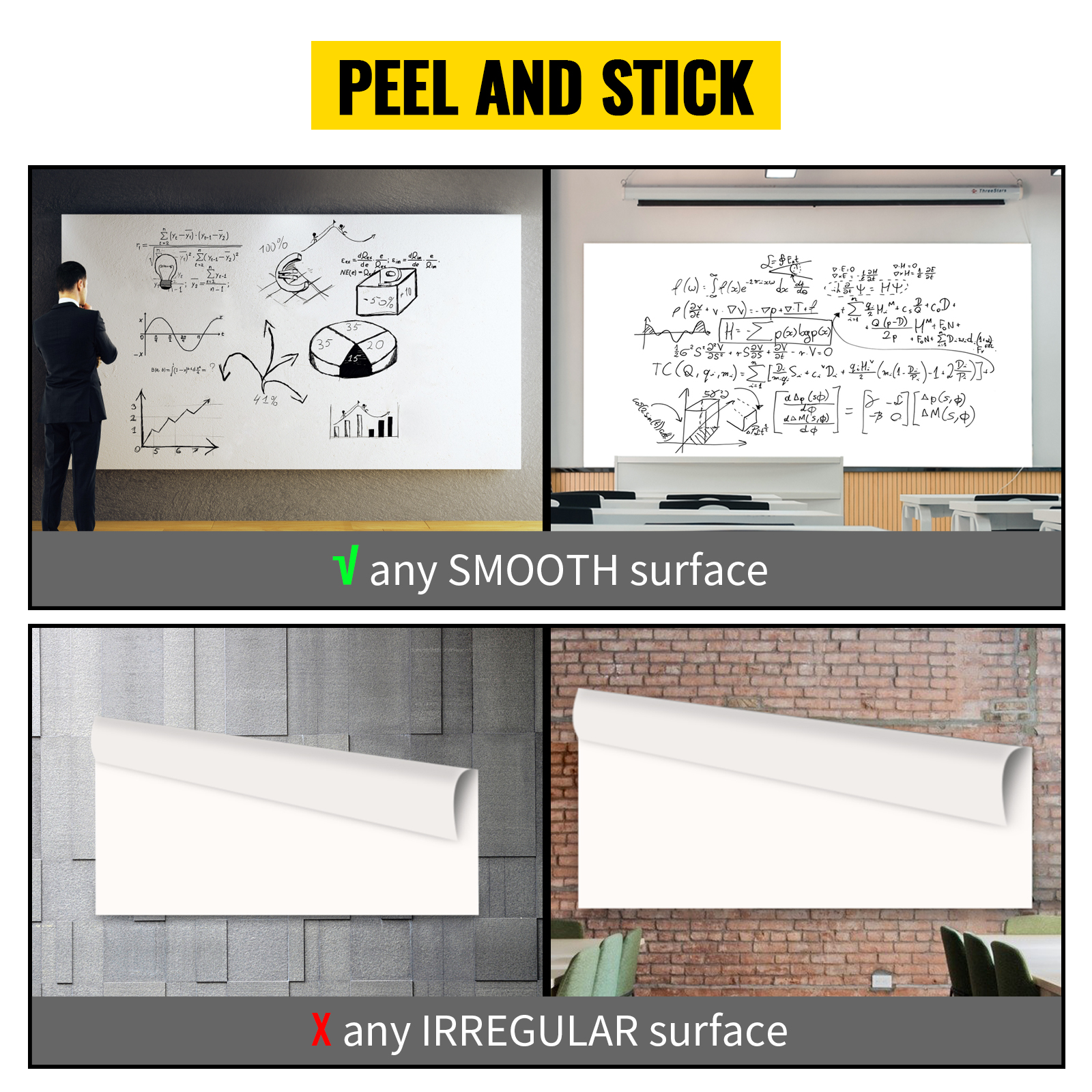 VEVOR White Board Paper 8x4 ft Dry Erase Whiteboard Paper w/ Adhesive Backing Removable Peel and Stick Pet Surface No Ghost for Kids Home and Office