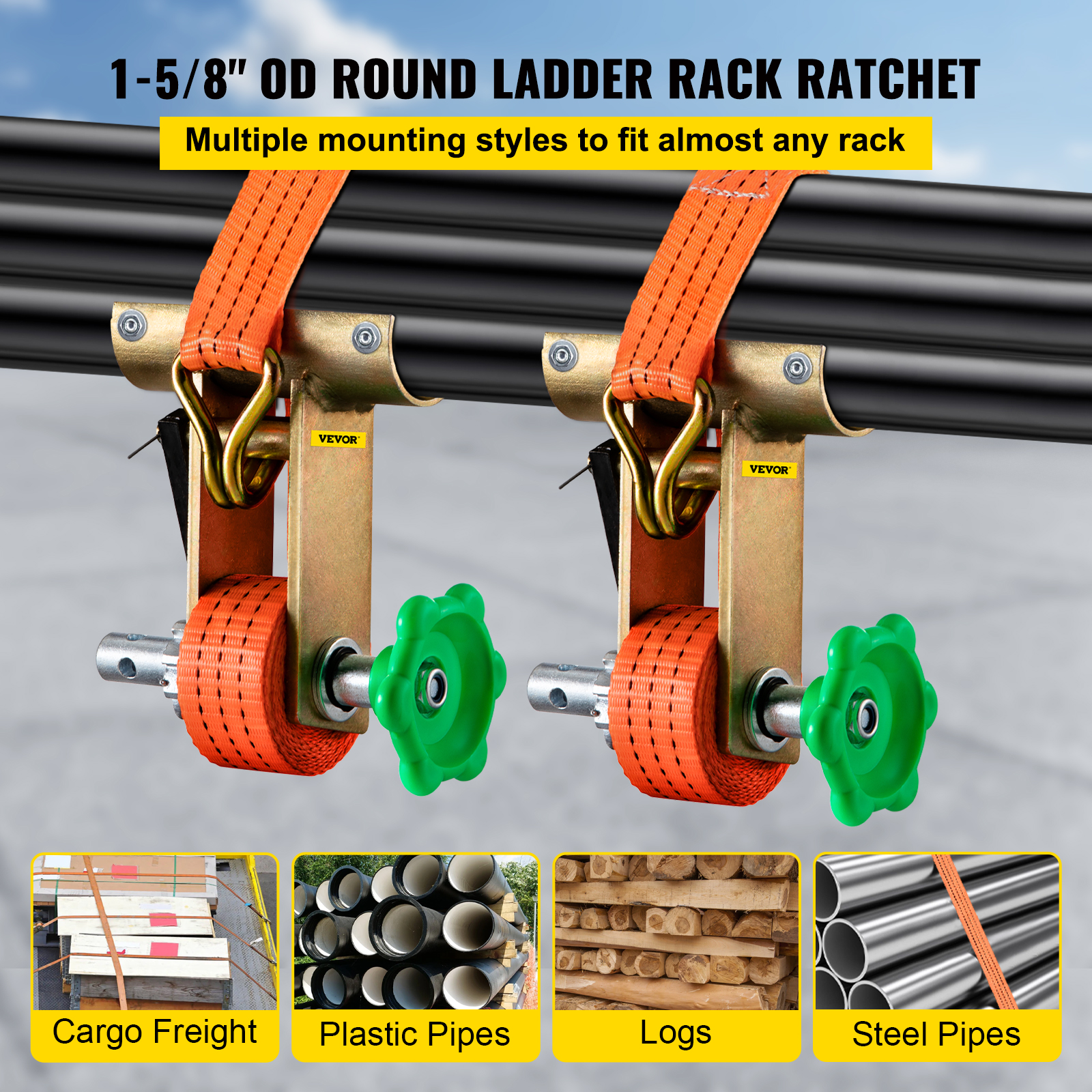 VEVOR LADDER RACK Ratchet TieDown Straps (Pair) Round Mount Replaces