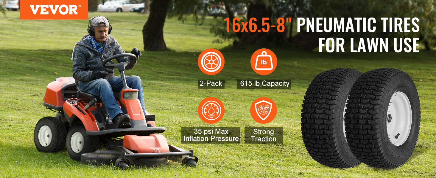 VEVOR 16x6.50-8 Lawn Mower Tires And Wheels Set Of 2 - Turf Savers With Steel Rims, 615lb Load Capacity