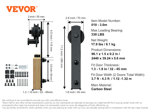 VEVOR 8FT Sliding Barn Door Hardware Kit, 330LBS Heavy Duty Barn Door ...