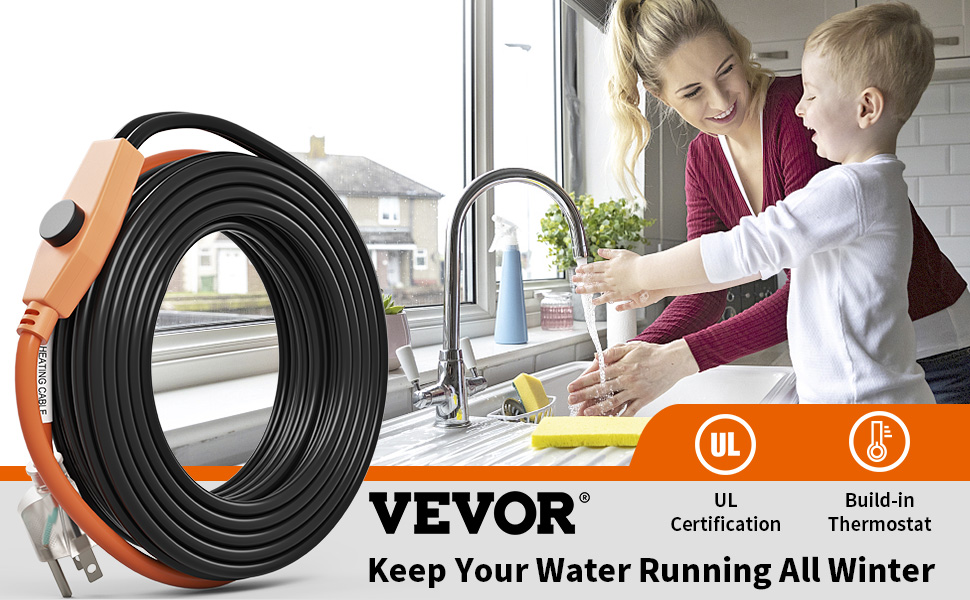 VEVOR Pipe Heating Cable, 6 Feet Heat Tape for Water Pipe, 7W/ft Water Line Heat  Tape,120V Pipe Heating Tape with Built-in Thermostat, Protects PVC Hose,  Metal and Plastic Pipe from Freezing 