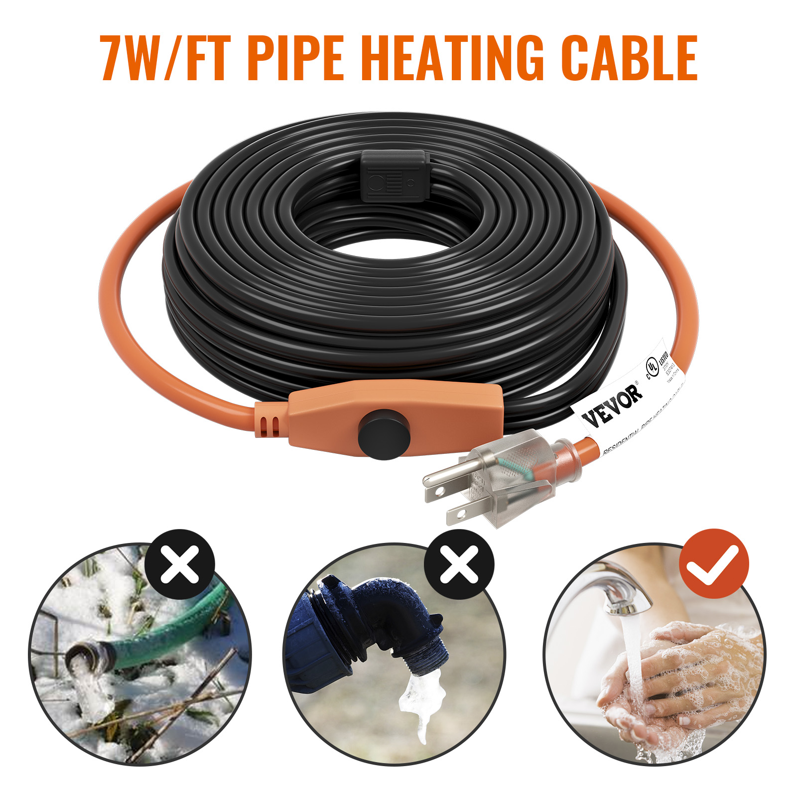 VEVOR Pipe Heating Cable, 30feet 7W Heat Tape for Pipes with Builtin