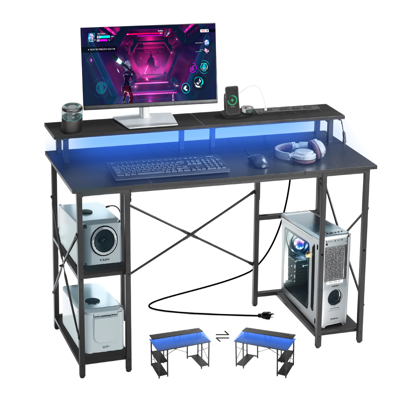Uimoso 47/63/70.9in Computer Desk with LED Lighting and Drawers for Home Office