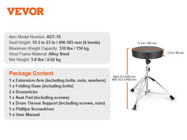 Fesley Adjustable Drum Throne - Padded Drum Stool With Anti-Slip Feet For Adult Drummers FS10