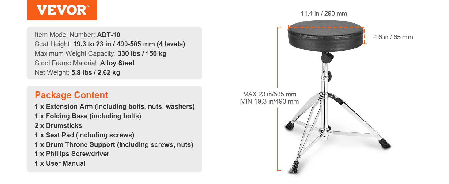 Bubnový trón VEVOR, 19,3 až 23 palcov / 490–585 mm výškovo nastaviteľný, polstrované sedadlo bubnové stoličky s protišmykovými nožičkami 5A Paličky 330 lbs / 150 kg Maximálna nosnosť, otočná stolička pre bubeníkov 