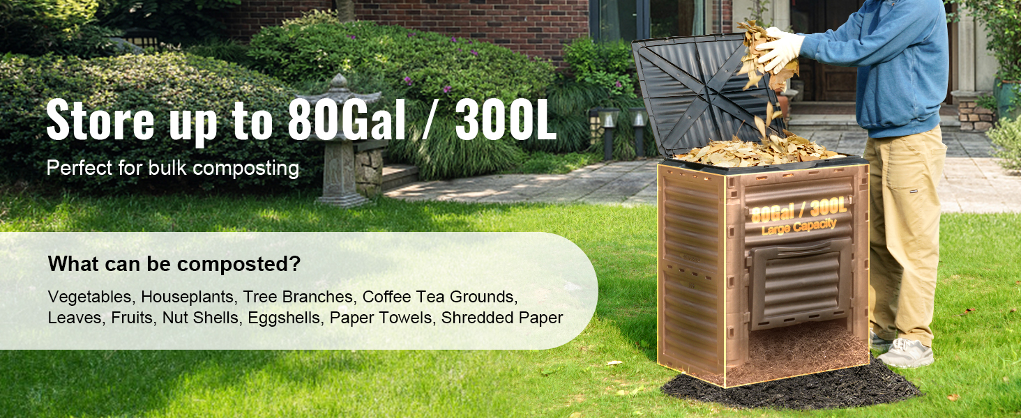 VEVOR VEVOR Contenedor de compostaje para jardín de 80 galones, compostador  sin BPA, contenedor de compostaje para exteriores de gran capacidad con  tapa superior y puerta inferior, fácil montaje, liviano, creación rápida