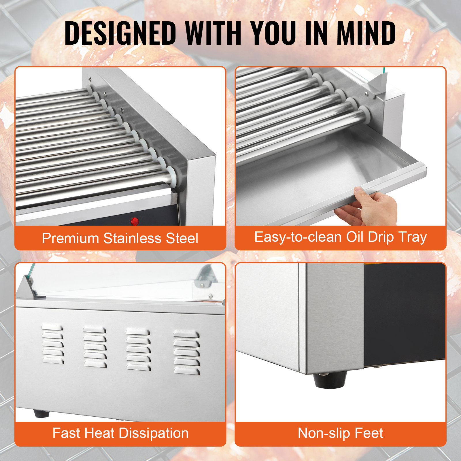 Uimoso Electric Hot Dog 5/7/11 Roller Grill Cooker Machine Backsplash & Shelf - Picture 42 of 72