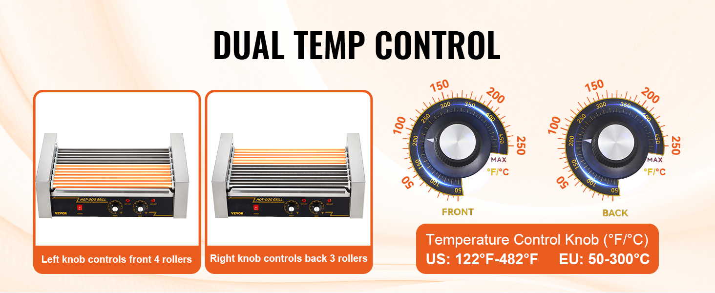 VEVOR hot dog roller with dual temp control, front and back knobs for precise temperature adjustment.