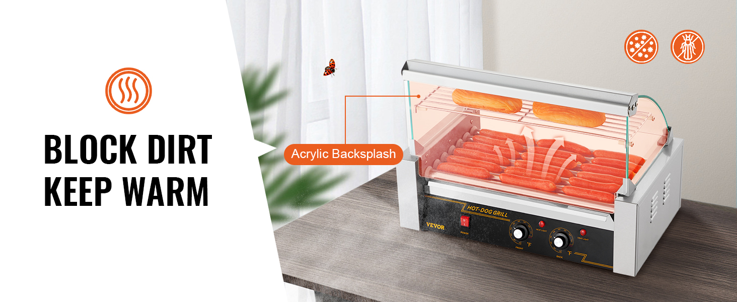 VEVOR hot dog roller with acrylic backsplash, keeping hot dogs warm and blocking dirt.