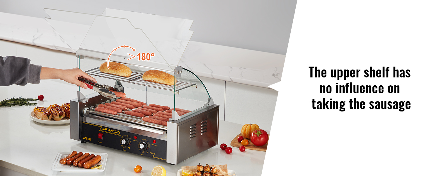 grilling sausages on a VEVOR hot dog roller with a 180° adjustable upper shelf.