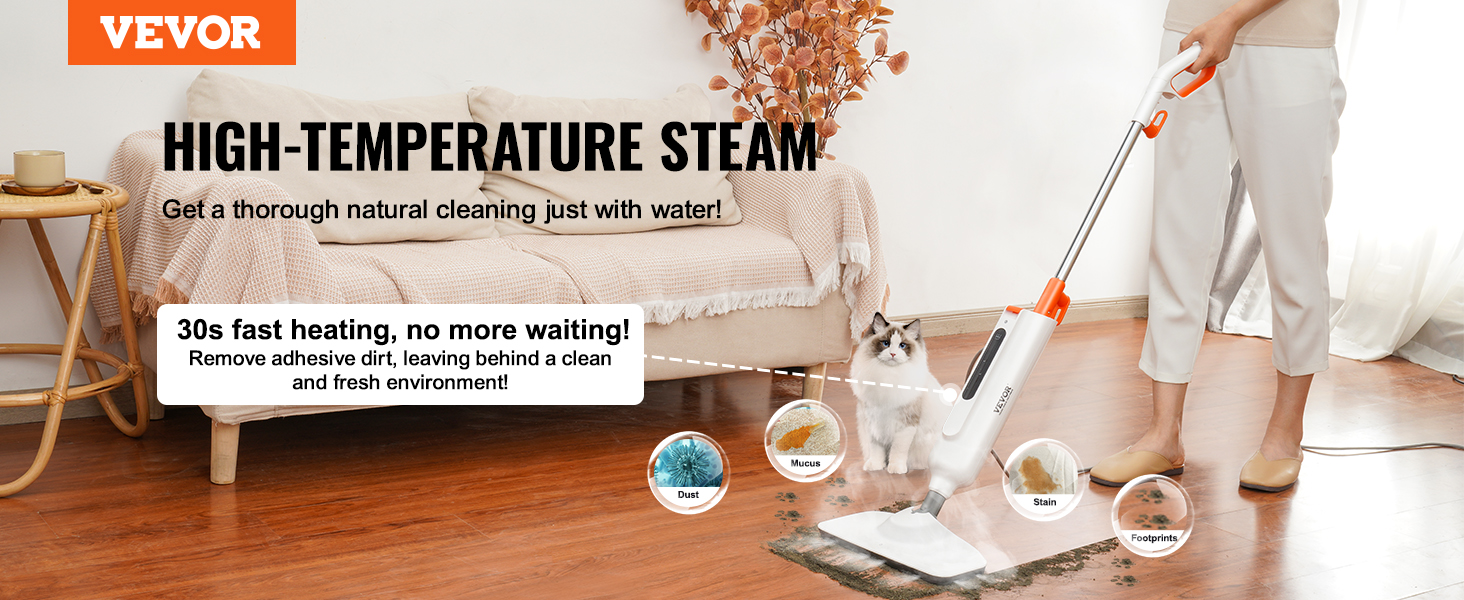 VEVOR Steam Mop, 2-in-1 Hard Wood Floor Cleaner for Various Hard Floors, Like Ceramic, Granite, Marble, Linoleum, Natural Floor Mop with 2 pcs Machine Washable Pads and A Water Tank