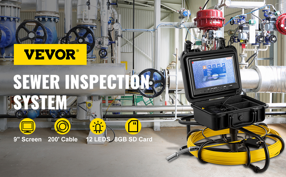 VEVOR Sewer Camera, 150FT, 9 Screen Pipeline Inspection Camera with DVR  Function & 8 GB SD Card, Waterproof IP68 Borescope w/LED Lights, Industrial  Endoscope for Home Wall Duct Drain Pipe Plumbing