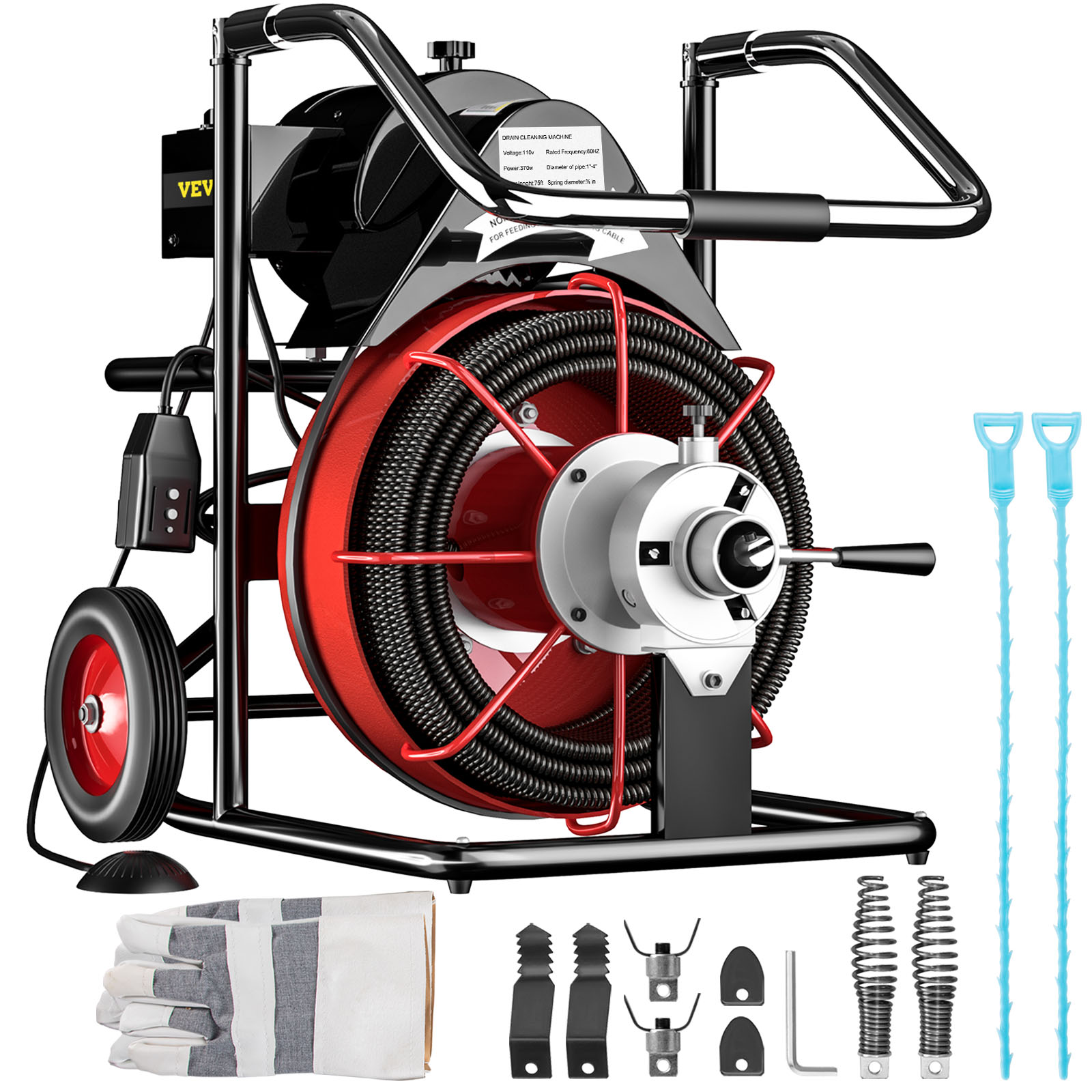 VEVOR 75 Ft x 3/8Inch Drain Cleaner Machine Auto Feed fit 1(25mm) to  4(100mm) Pipes 370W Open Drain Cleaning Machine Portable Electric Drain  Auger with Cutters Glove Sewer Snake