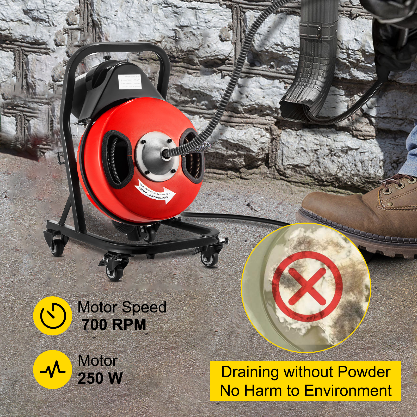 VEVOR Electric Drain Auger 50FTx1/2Inch,250W Drain Cleaner Machine,Sewer  Snake Machine,Fit 2''- 4''/51mm-102mm Pipes, w/4 Wheels, Cutters,Foot Switch,  for Drain Cleaners Plumbers VEVOR US