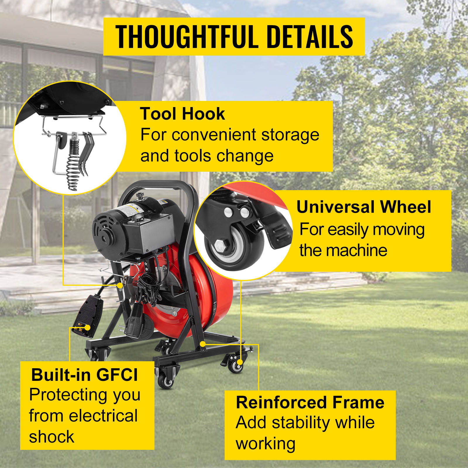 VEVOR Electric Drain Auger 50FTx1/2Inch,250W Drain Cleaner Machine,Sewer  Snake Machine,Fit 2''- 4''/51mm-102mm Pipes, w/4 Wheels, Cutters,Foot Switch,  for Drain Cleaners Plumbers VEVOR US
