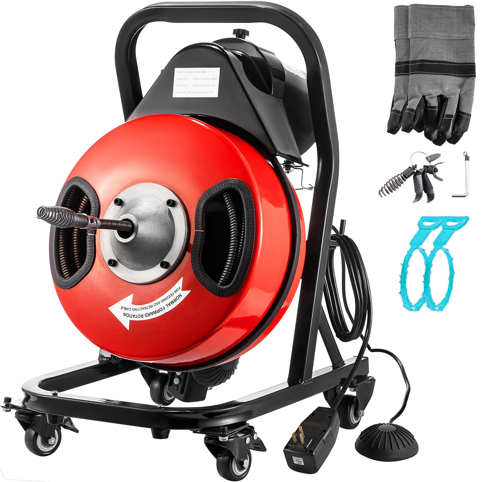 VEVOR 50 ft x 1/2 inch Drain Cleaner Machine Best Fit 1”(25mm) to 4”(100mm) Pipes Drain Cleaning Machine Portable Drain Auger Cleaner with 4 Cutters