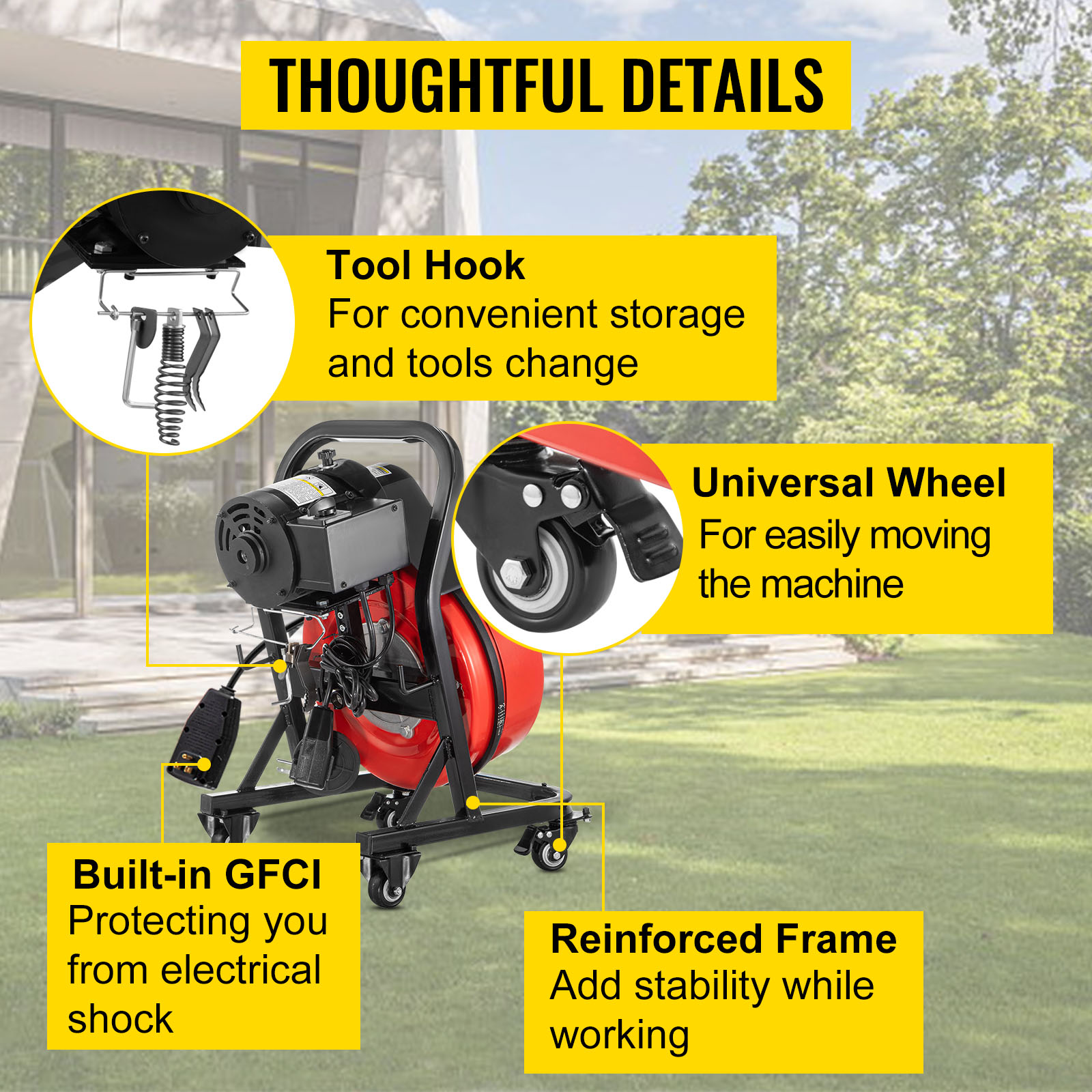 VEVOR Drain Cleaner Machine 50ft x 3/8in. Electric Drain Auger 370W Sewer  Snake Machine Auto-feed Control, Fit 1-1/2'' - 3'' / 38mm - 76mm Pipes, w/  Cutters & Foot Switch, for Drain