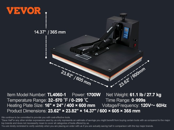 VEVOR Heat Press 16x24, 1700W Power Heat Press Machine, Fast Heating ...