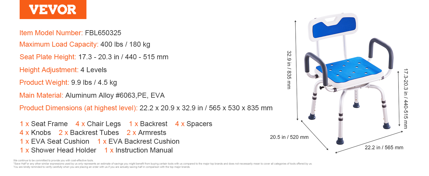ELENKER Sliding Shower Chair With Backrest, Transfer Bench