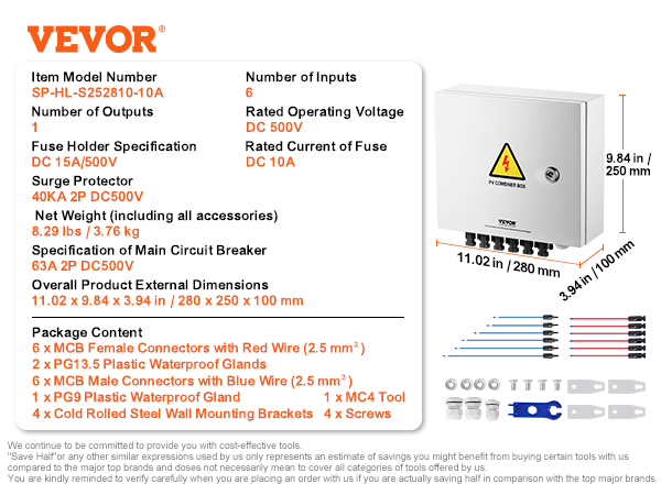 VEVOR Solar PV Combiner Box – 6 String, 10A, IP65, Steel Case, DC500V, Surge & Overcurrent Protection