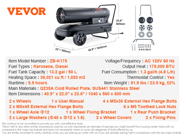 VEVOR Kerosene Forced Air Heater 175000 BTU Portable Torpedo Diesel   Kerosene Heater A100 1.11 M 