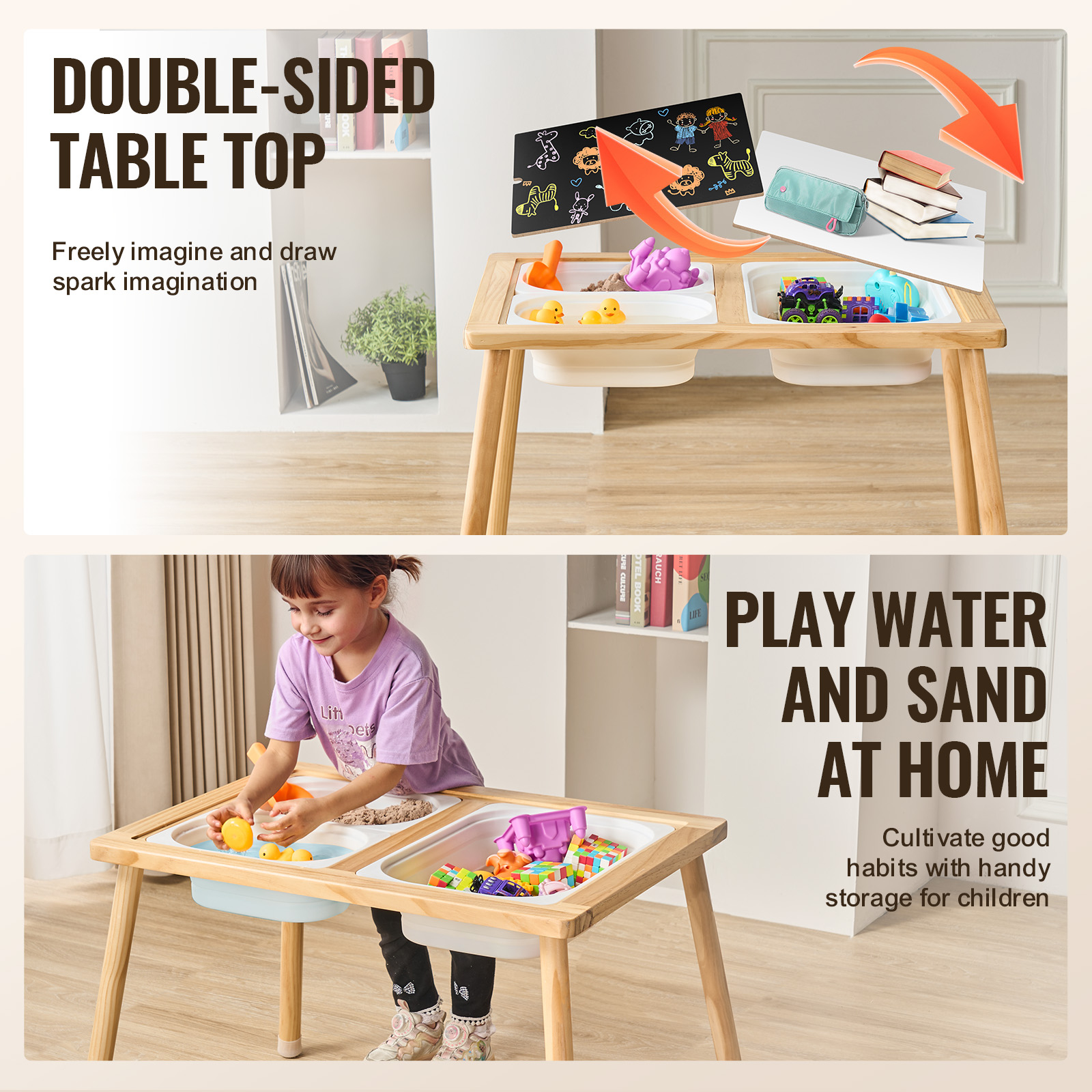 Uimoso Kids Sensory Table Indoor Wooden Play Sand Water Table w/ Double-Sided - Picture 4 of 49