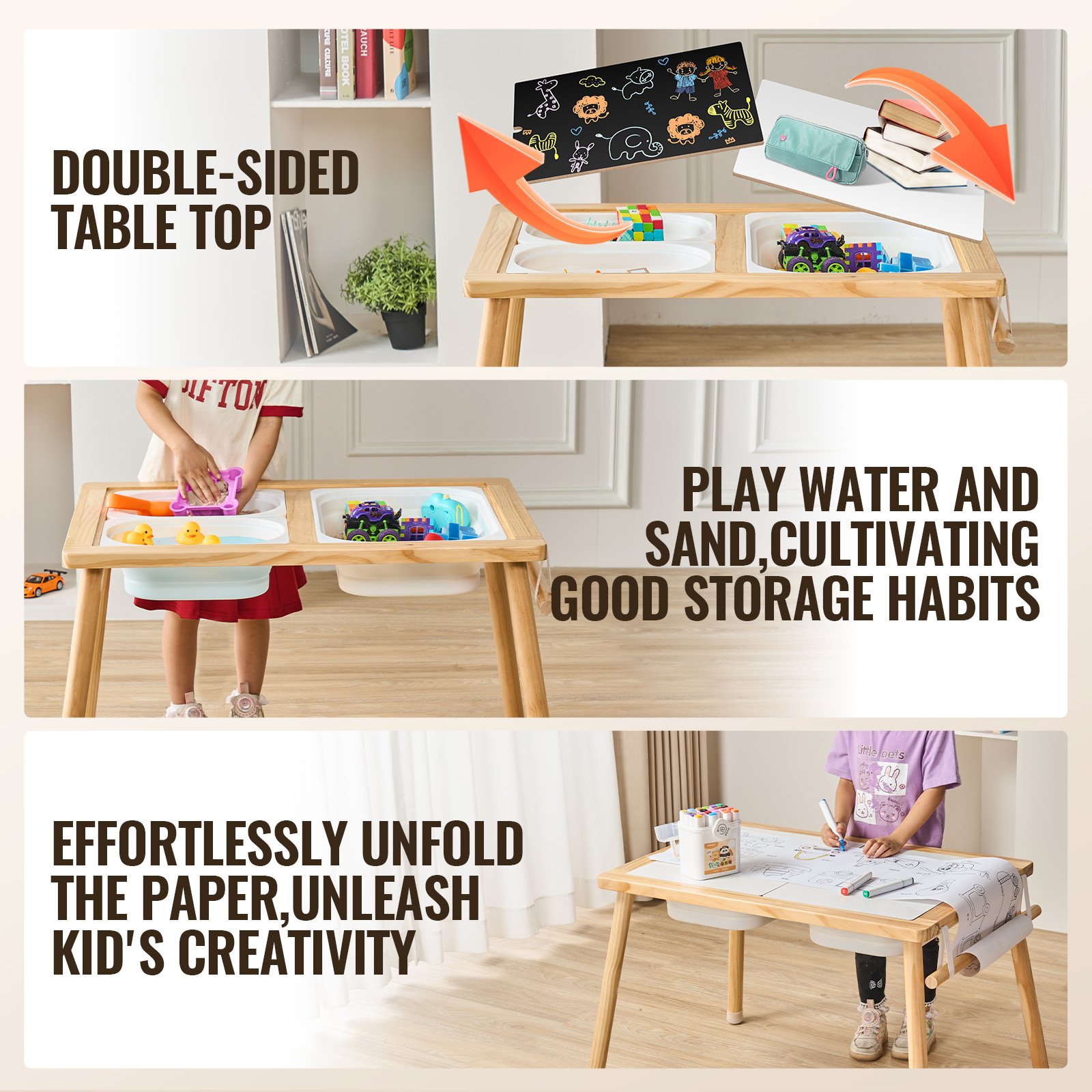 Uimoso Kids Sensory Table Indoor Wooden Play Sand Water Table w/ Double-Sided - Picture 40 of 49