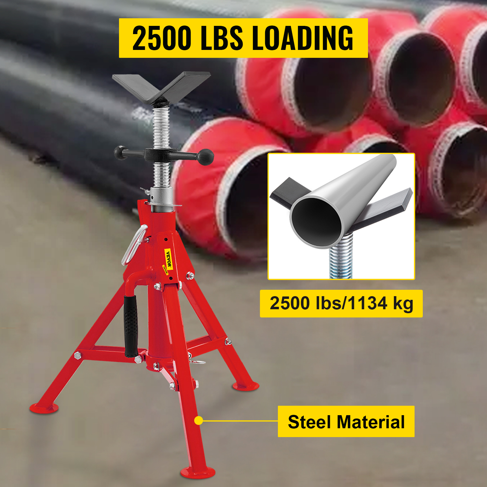VEVOR V Head Pipe Stand 1/8"-12" Capacity,Adjustable Height 20"-37",Pipe Jack Stands 2500 lb. Load Capacity,Portable Folding Pipe Stands, Carbon Steel Body More Durable