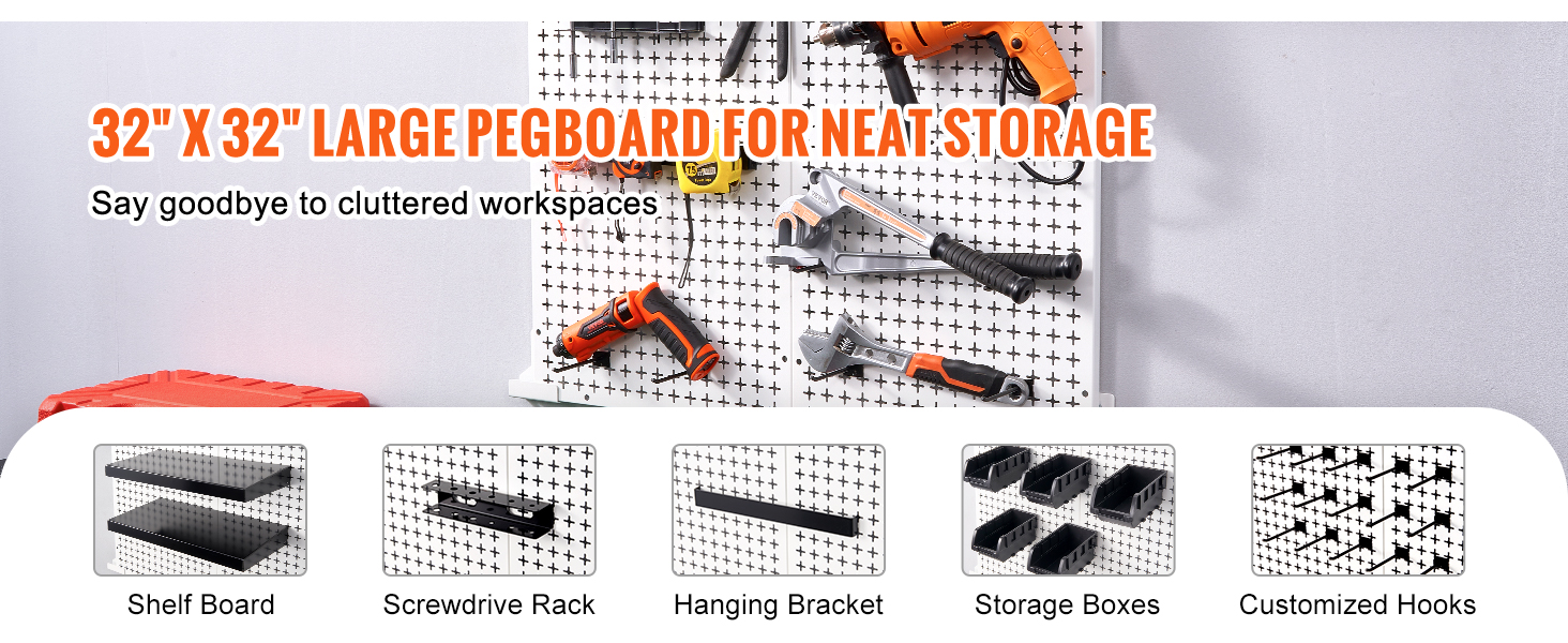 VEVOR Pegboard Wall Organizer 32 x 32, 330LBS Loading Garage Metal  Pegboard Organizer Wall Mount, 25PCS Tool Storage Kit with 2 Peg Boards,  Hooks