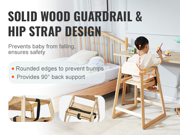 VEVOR Wooden High Chair for Babies & Toddlers, Double Solid Wood ...