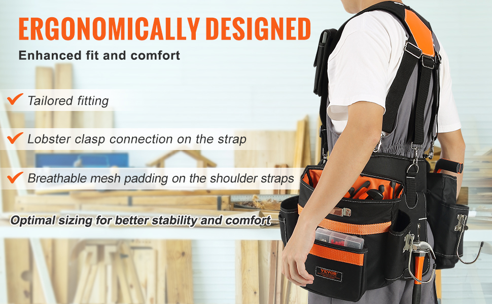 VEVOR Professional Tool Belt With Suspenders - 29 Pockets, Adjustable 29-54" Waist, Heavy Duty For Carpenters, Electricians