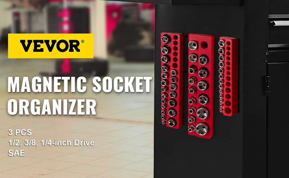VEVOR 3-Pack SAE Magnetic Socket Organizers, 1/2-inch, 3/8-inch, 1/4-inch  Drive Socket Holders Hold 68 Sockets, Red Tool Box Organizer for Sockets
