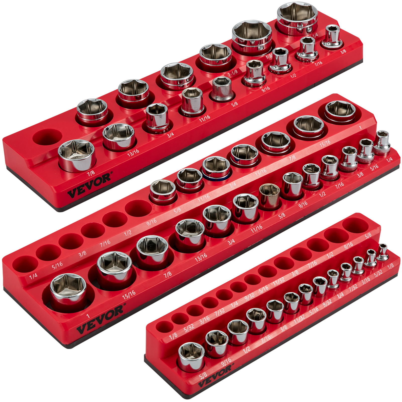 VEVOR 3-Pack SAE Magnetic Socket Organizers 1/2-Inch 3/8-Inch 1/4-Inch Drive Socket Holders Hold 68 Sockets Red Tool Box Organizer for Sockets