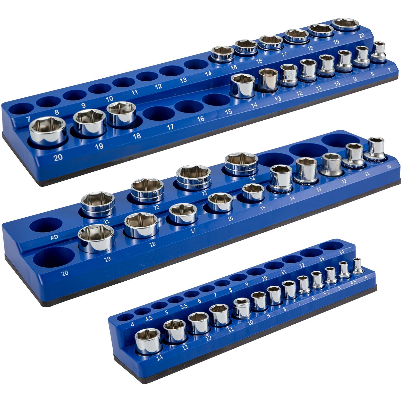 VEVOR 3-Pack Metric Magnetic Socket Organizers, 1/2-inch, 3/8-inch,  1/4-inch Drive Socket Holders Hold 75 Sockets, Blue Tool Box Organizer for  Sockets