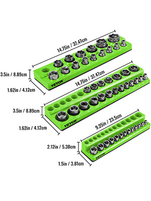 VEVOR 3-Pack SAE Magnetic Socket Organizers, 1/2-inch, 3/8-inch, 1/4-inch  Drive Socket Holders Hold 68 Sockets, Green Tool Box Organizer for Sockets  Storage