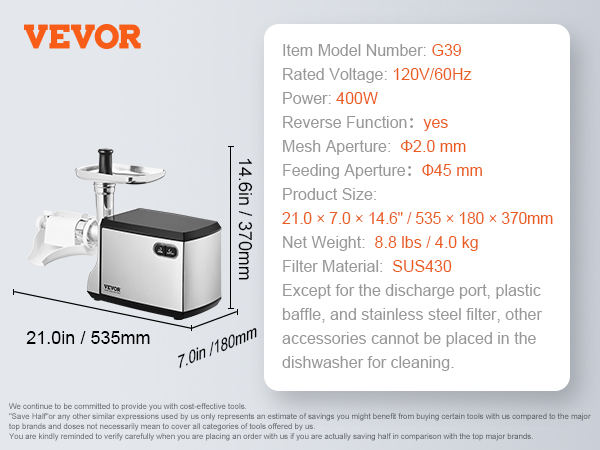 VEVOR Electric Tomato Strainer, 400W Tomato Sauce Maker Machine, 100 LBS/H Food Strainer and Sauce Maker, Փ45mm Commercial Grade Food Mill with Reverse Function for Tomato Strawberry Blueberry Sauce