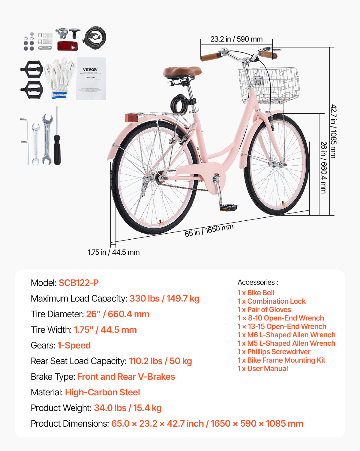 26/24in Beach Cruiser Bike 7/1-Speed City Bicycle with Basket for Women Ladies - Picture 55 of 72