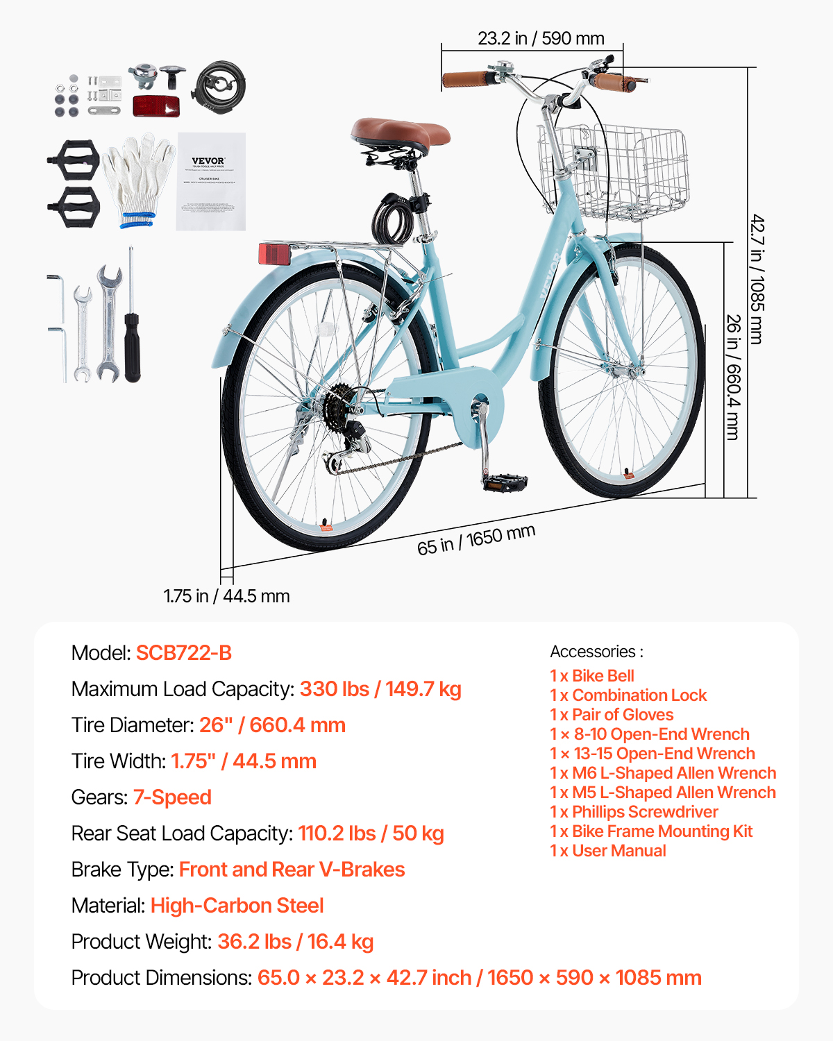 26/24in Beach Cruiser Bike 7/1-Speed City Bicycle with Basket for Women Ladies - Picture 31 of 72