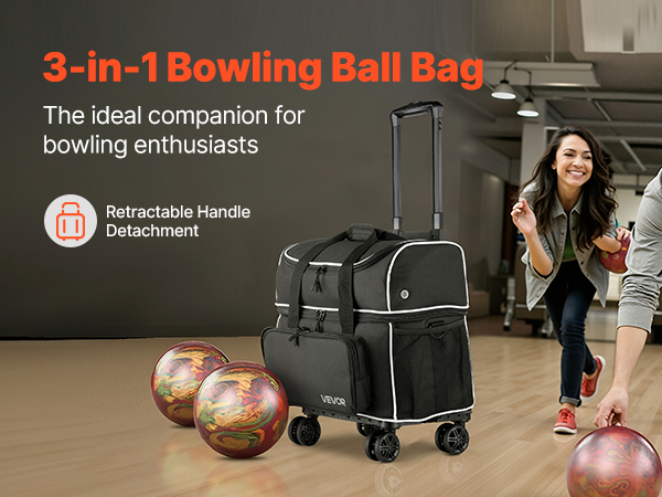 KFFKFF 2-Ball Double Roller Bowling Bag With Wheels, Includes Separate Shoe Compartment (Fits Up