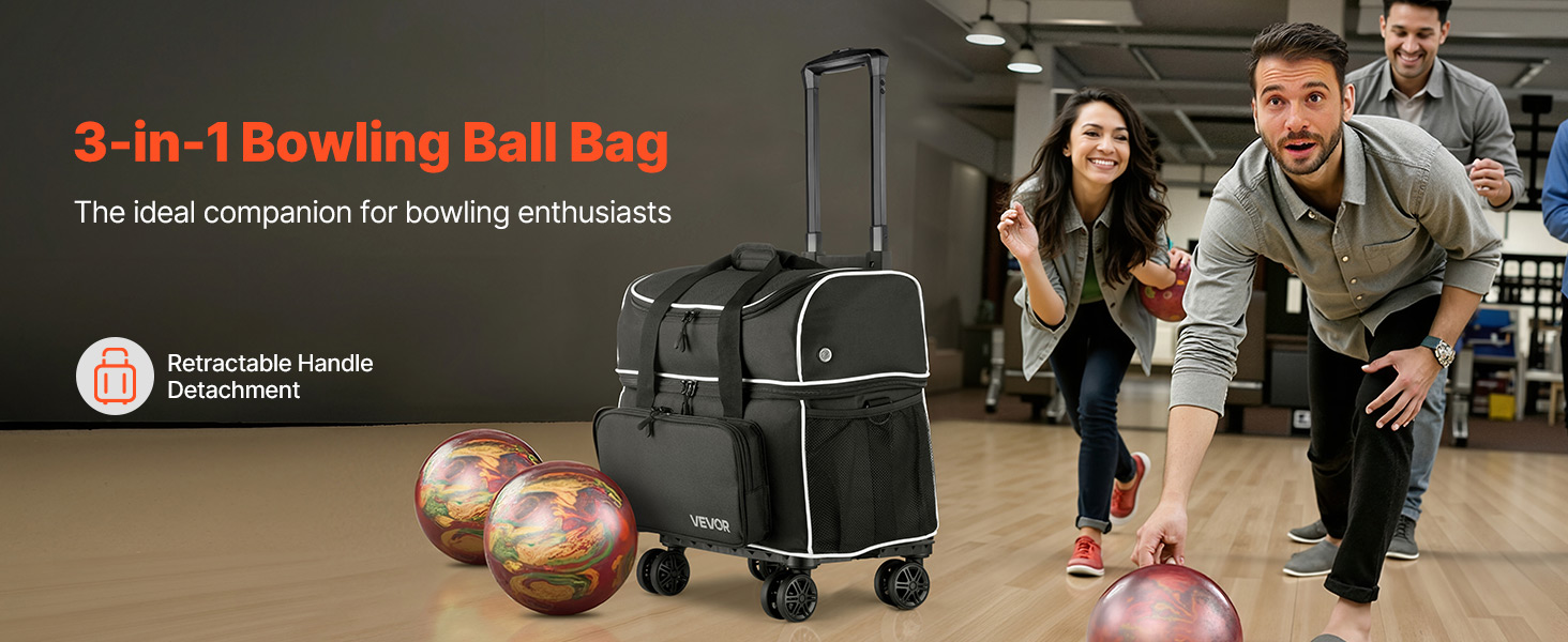 2 Ball Bowling Bag with Wheels Four Roller Bowling Bag with