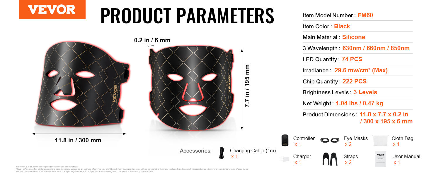 VEVOR Red Light Therapy for Face LED Face Mask Light Therapy with 3 ...