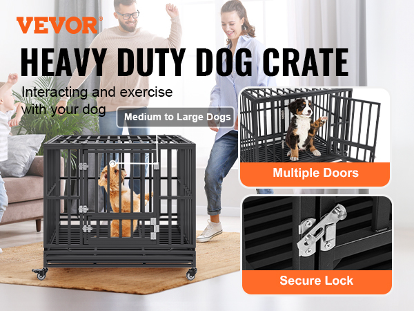 VEVOR 42 Inch Heavy Duty Dog Crate, Indestructible Dog Crate, 3-Door ...