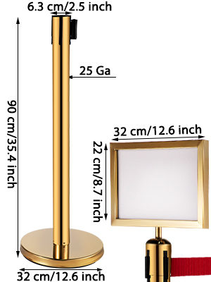 VEVOR Stanchion Post Barriers 4-Set Line Dividers, Stainless Steel Stanchions with 6.6 Red Retractable Belts, Stanchions with One Sign Frame, 34.6 Queue Safety Stanchions (Gold)