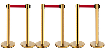 VEVOR Stanchion Post Barriers 4-Set Line Dividers, Stainless Steel Stanchions with 6.6 Red Retractable Belts, Stanchions with One Sign Frame, 34.6 Queue Safety Stanchions (Gold)