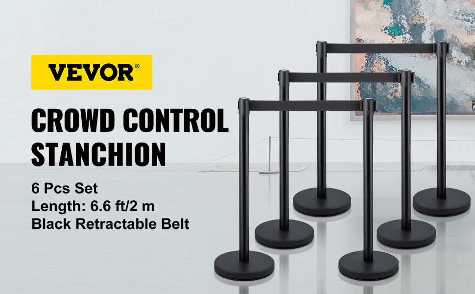 Tobbi 6PCS Retractable Belt Stanchion Posts Queue Pole Black Crowd Control Barrier 