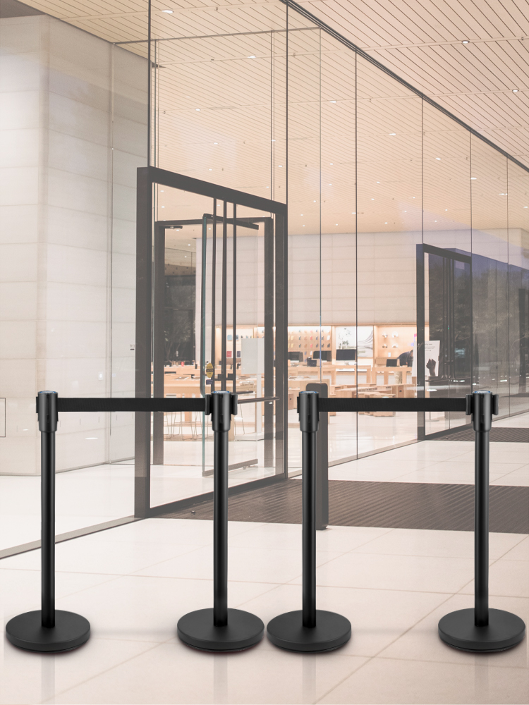 VEVOR Crowd Control Stanchion, Set of 4 Pieces Stanchion Set, Stanchion Set with 6.6 ft/2 m Black Retractable Belt, Black Crowd Control Barrier w/Concrete and Metal Base - Easy Connect Assembly