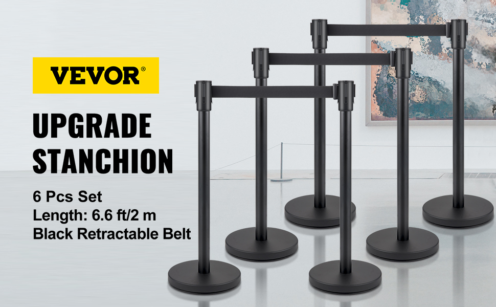 VEVOR Crowd Control Stanchion, Set of 6 Pieces Stanchion Set, Stanchion Set with 6.6 ft/2 m Black Retractable Belt, Black Crowd Control Barrier w/Concrete and Metal Base - Easy Connect Assembly