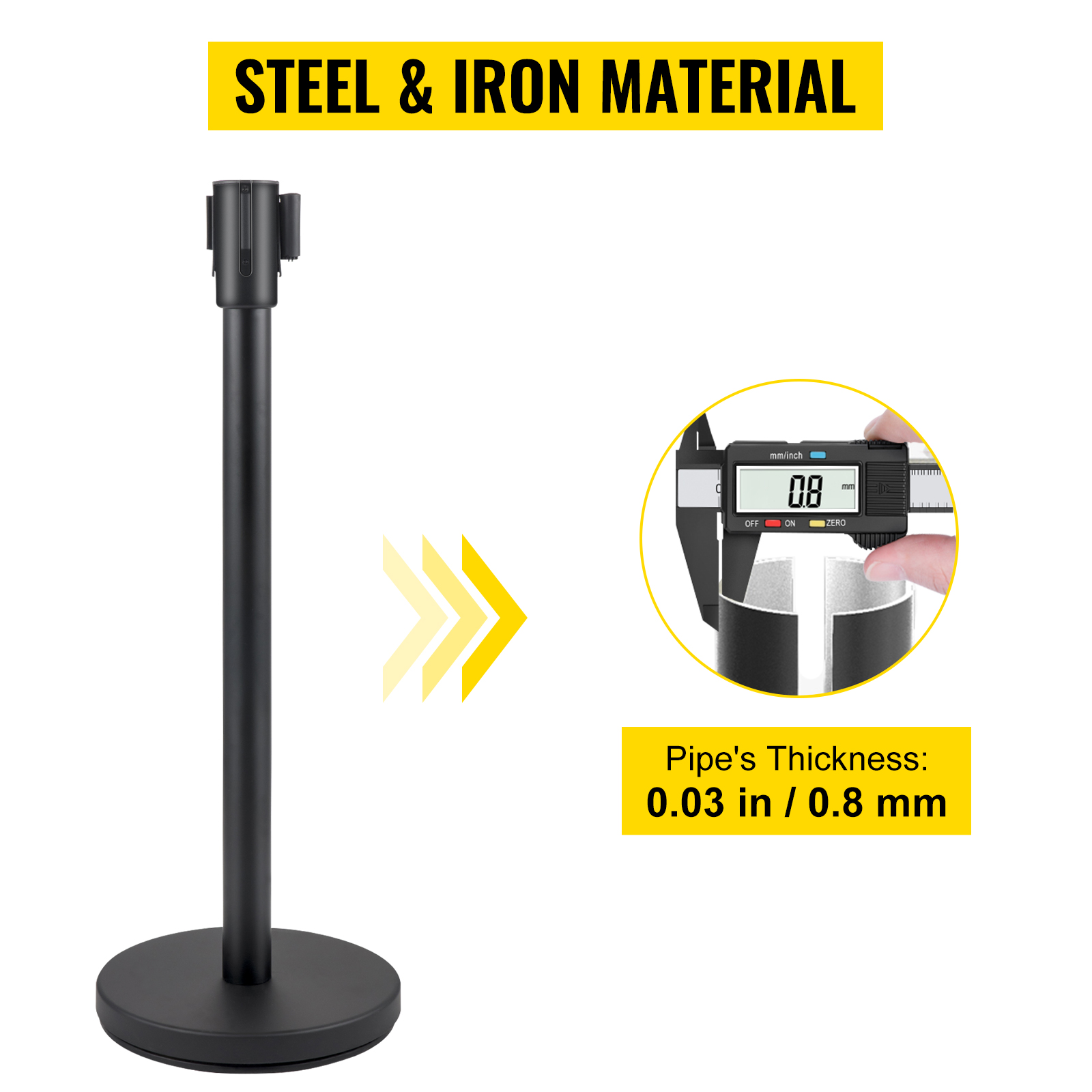 VEVOR Crowd Control Stanchion, Set of 6 Pieces Stanchion Set, Stanchion Set with 6.6 ft/2 m Black Retractable Belt, Black Crowd Control Barrier w/Concrete and Metal Base - Easy Connect Assembly