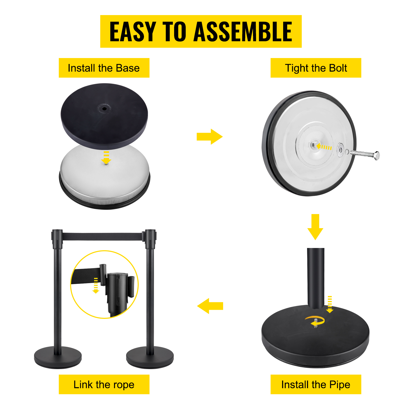 VEVOR Crowd Control Stanchion, Set of 6 Pieces Stanchion Set, Stanchion Set with 6.6 ft/2 m Black Retractable Belt, Black Crowd Control Barrier w/Concrete and Metal Base - Easy Connect Assembly